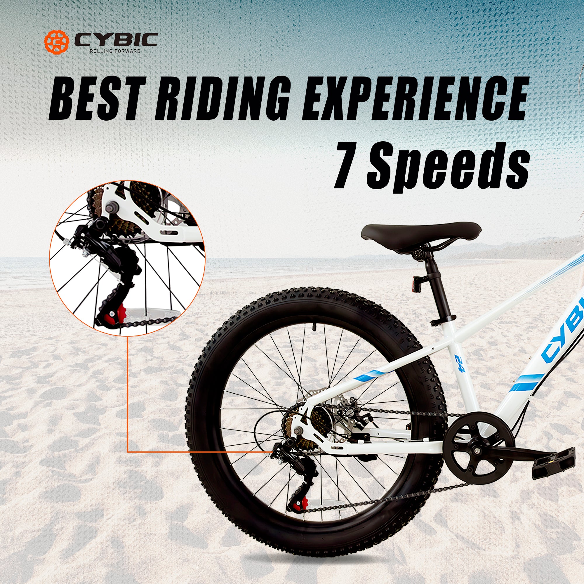 CYBIC Fat Tire Mountain Bike 24 inch Wheels, 7 Speeds