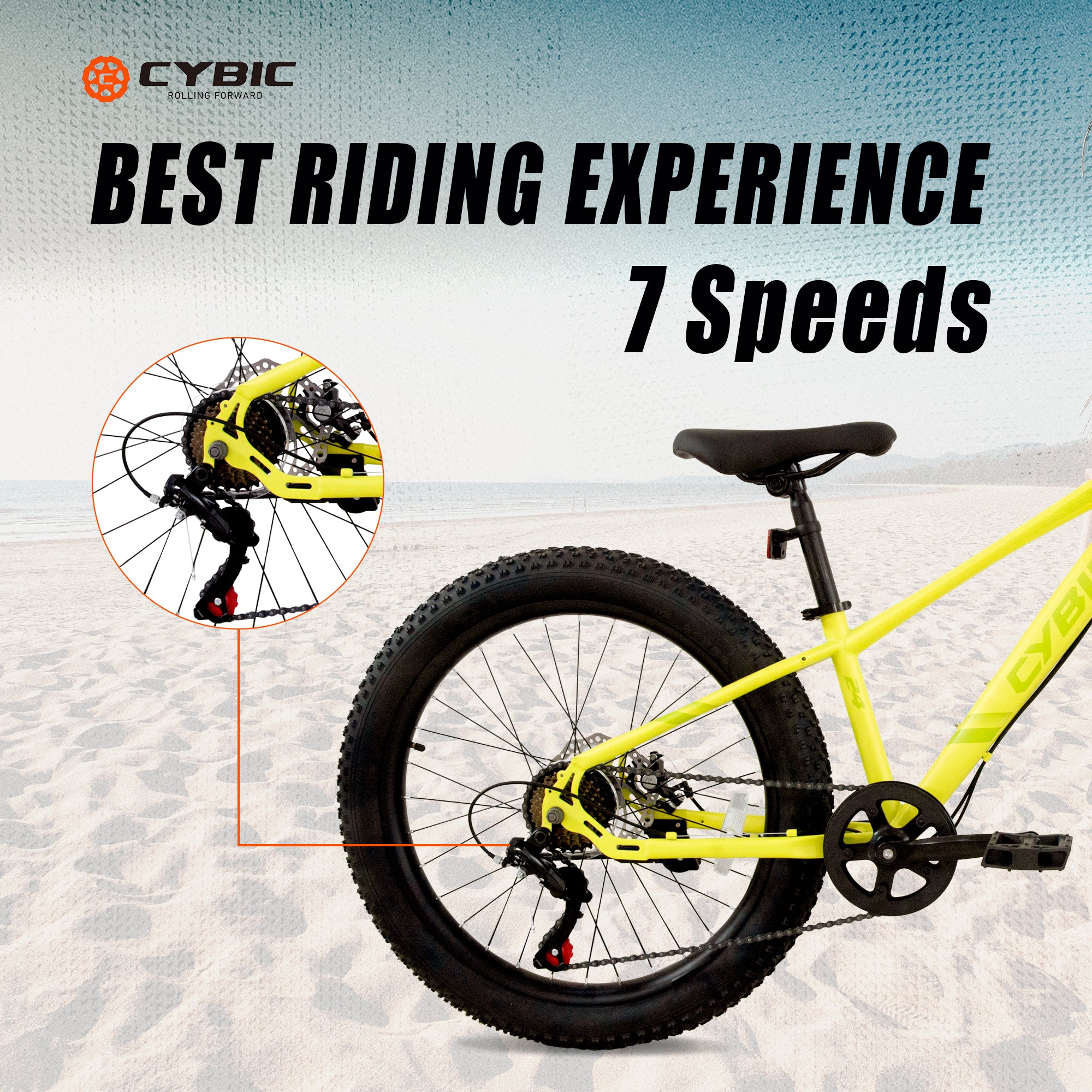 CYBIC Fat Tire Mountain Bike 24 inch Wheels, 7 Speeds
