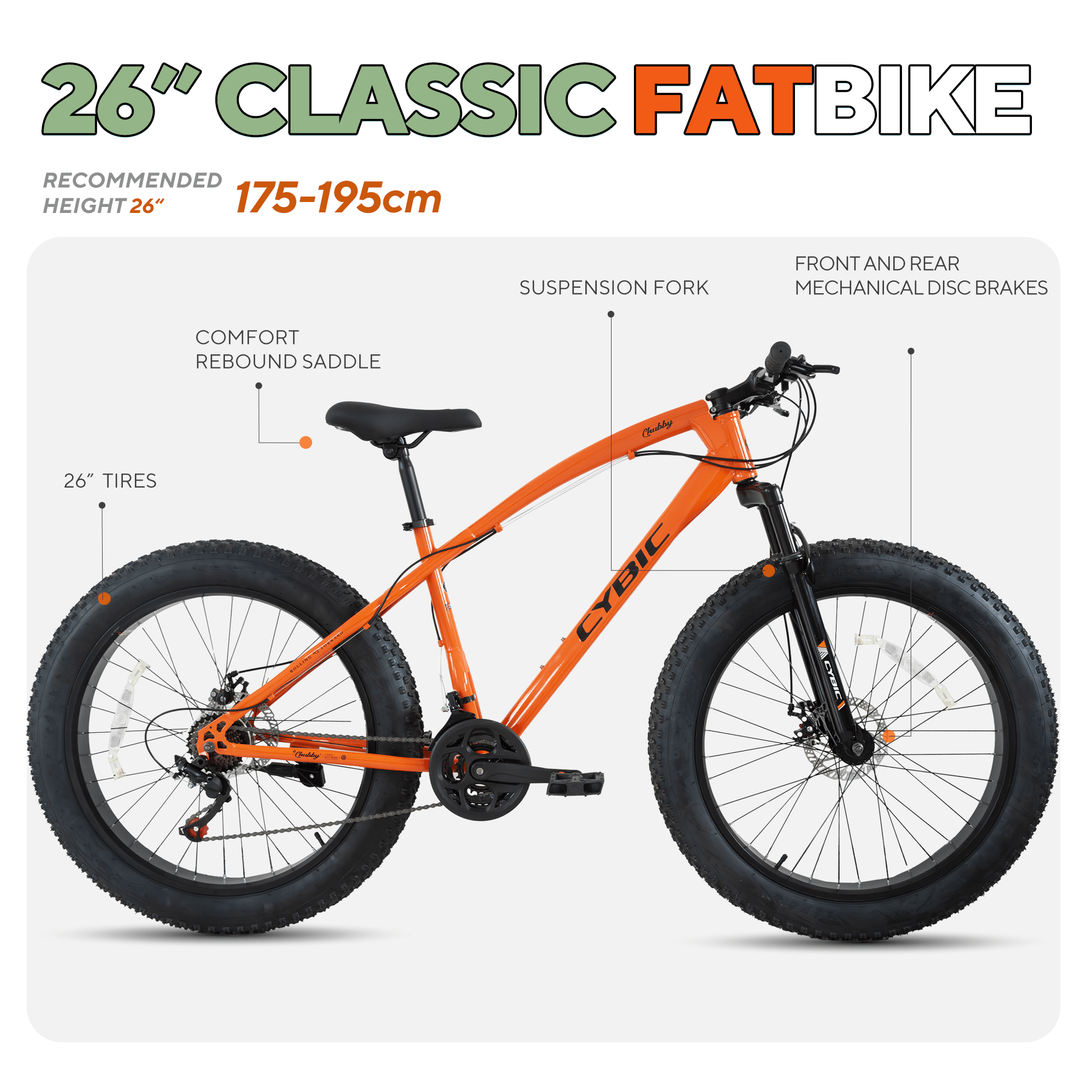 CYBIC Fat Tire Mountain Bike 26 inch Wheels, 21 Speeds