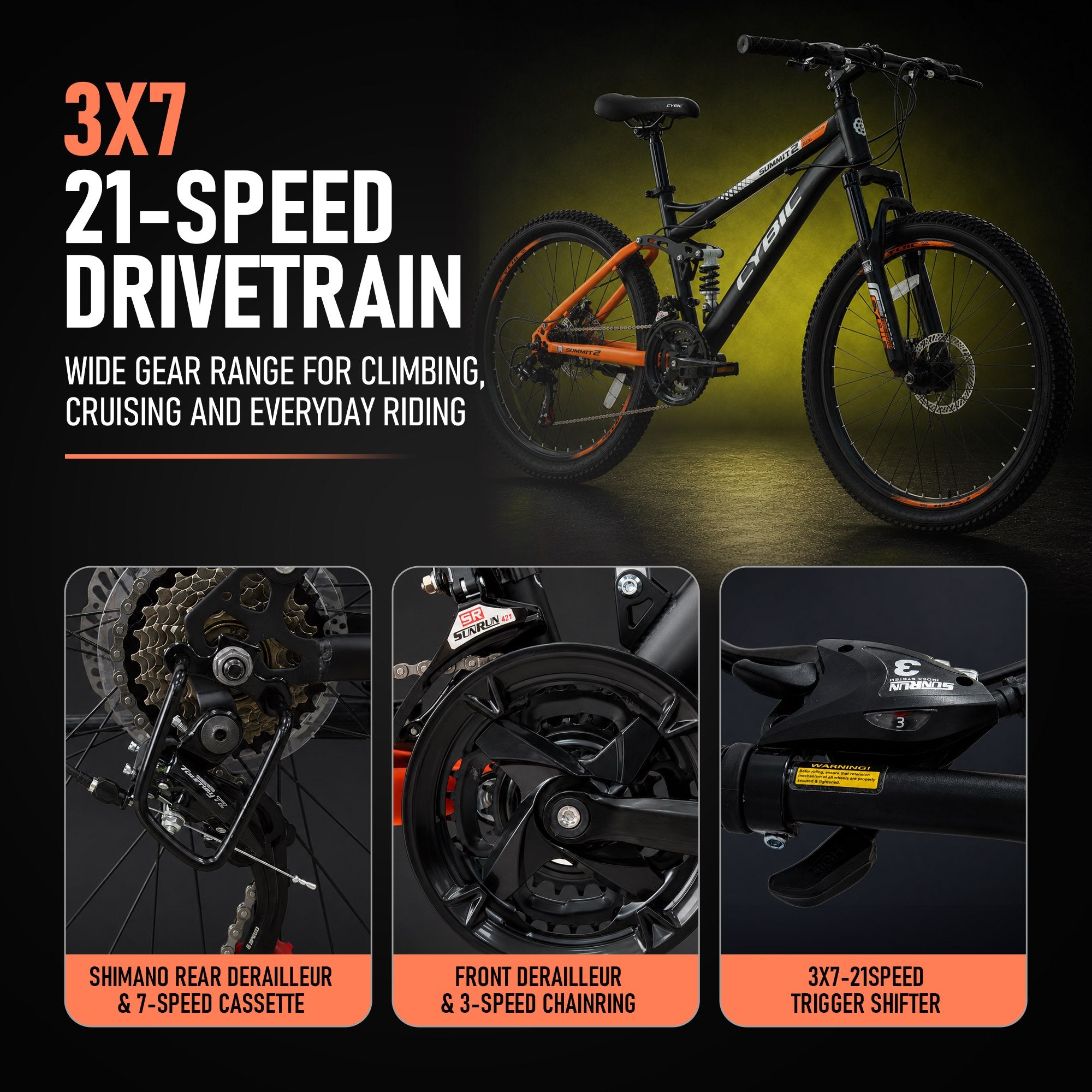 CYBIC 24/26 inch Mountain Bike for Boys Girls and Teens, Full Suspension, Shimano 21-Speed Bicycle with High Carbon Steel Frame, Dual Disc Brakes, Outdoor Sports, Great Gift
