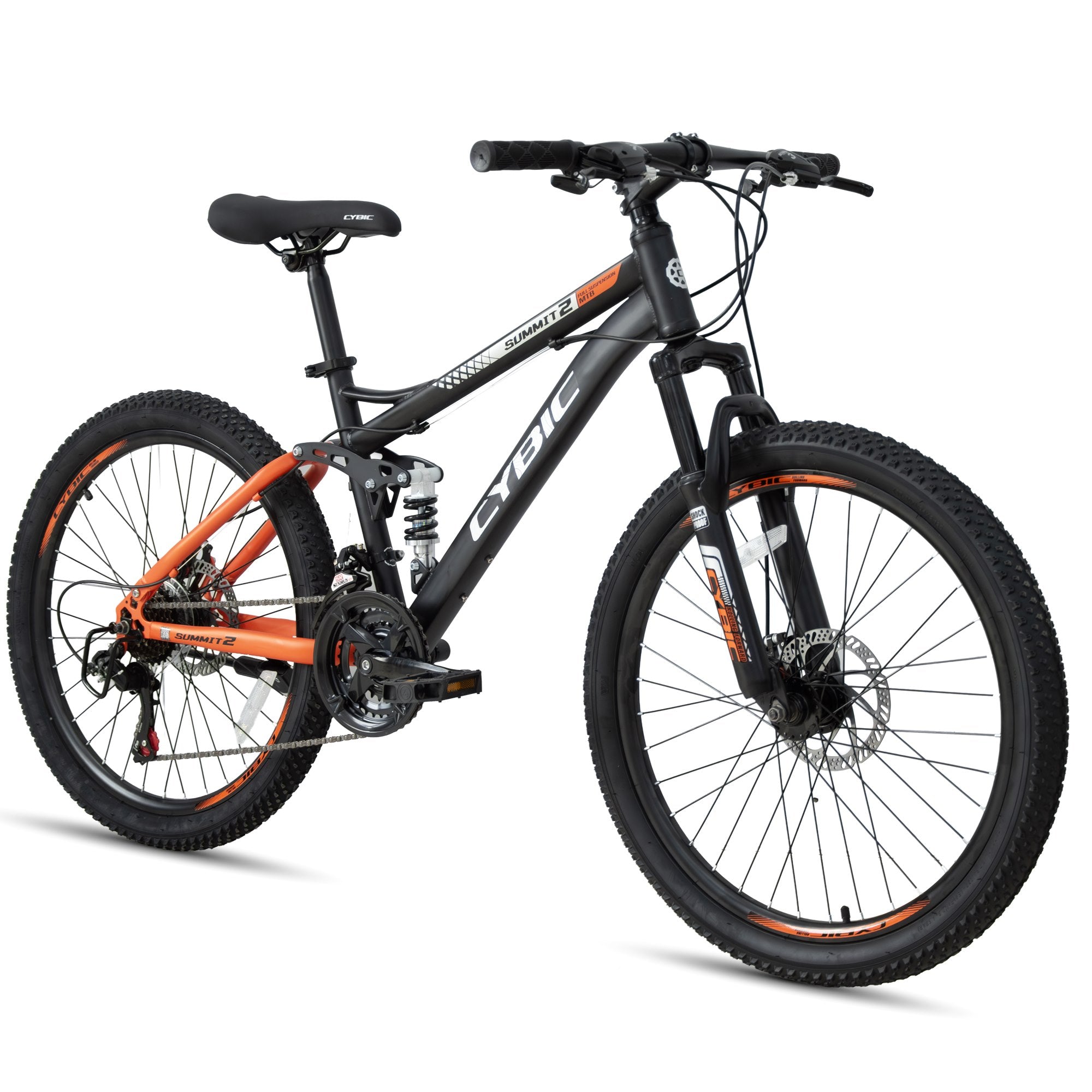 CYBIC 24/26 inch Mountain Bike for Boys Girls and Teens, Full Suspension, Shimano 21-Speed Bicycle with High Carbon Steel Frame, Dual Disc Brakes, Outdoor Sports, Great Gift