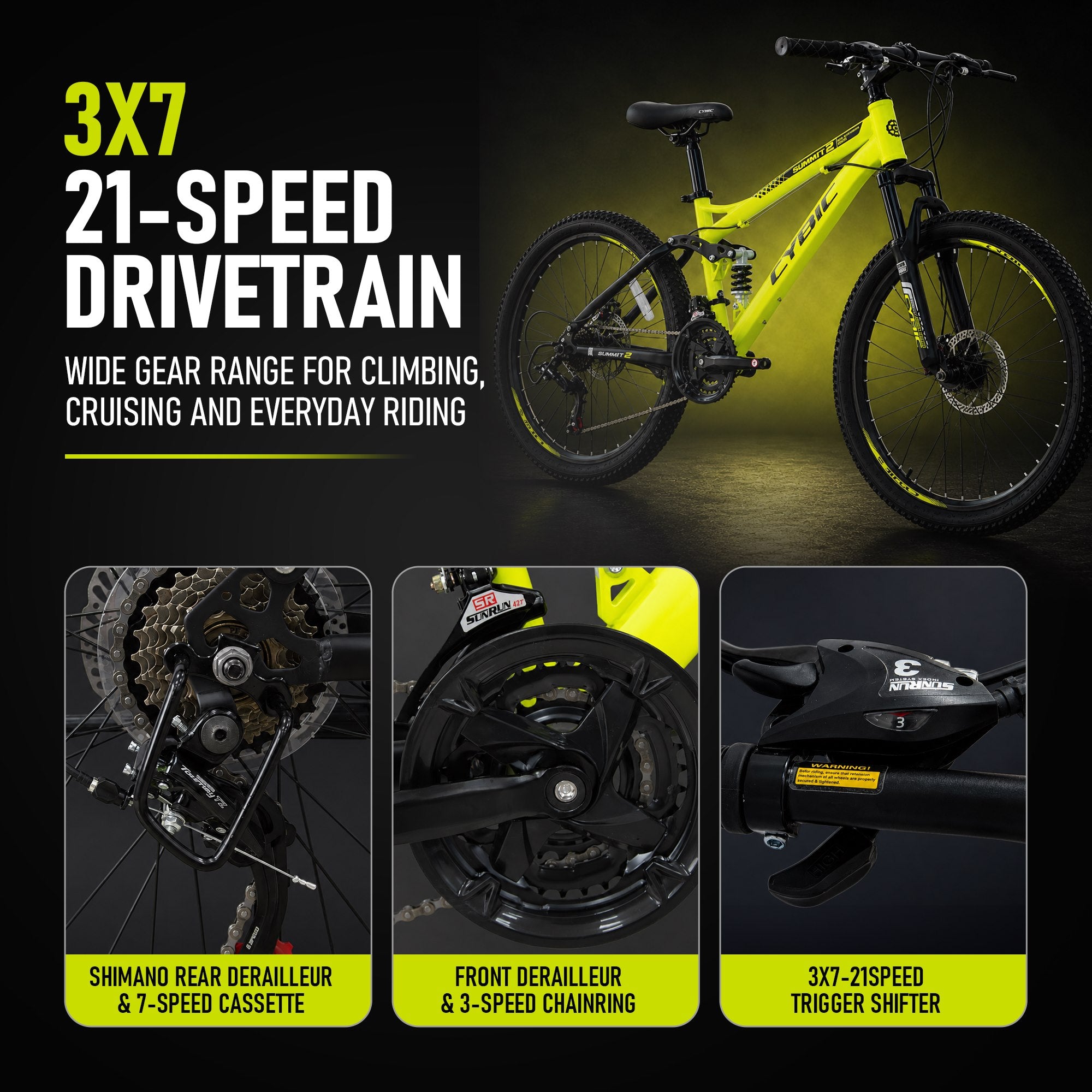 CYBIC 24/26 inch Mountain Bike for Boys Girls and Teens, Full Suspension, Shimano 21-Speed Bicycle with High Carbon Steel Frame, Dual Disc Brakes, Outdoor Sports, Great Gift