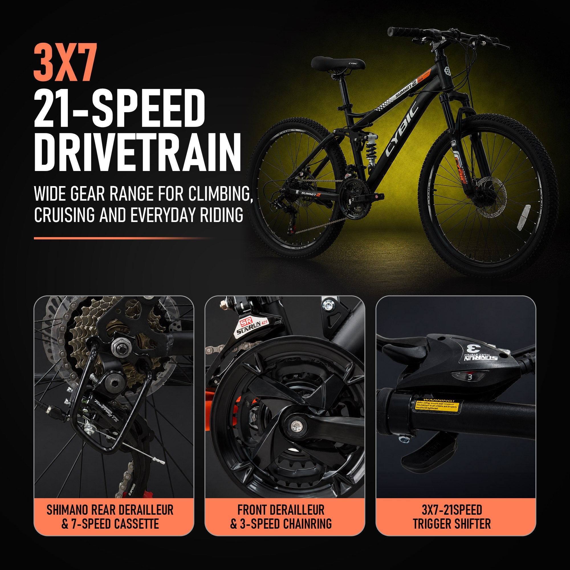 CYBIC 24/26 inch Mountain Bike for Boys Girls and Teens, Full Suspension, Shimano 21-Speed Bicycle with High Carbon Steel Frame, Dual Disc Brakes, Outdoor Sports, Great Gift